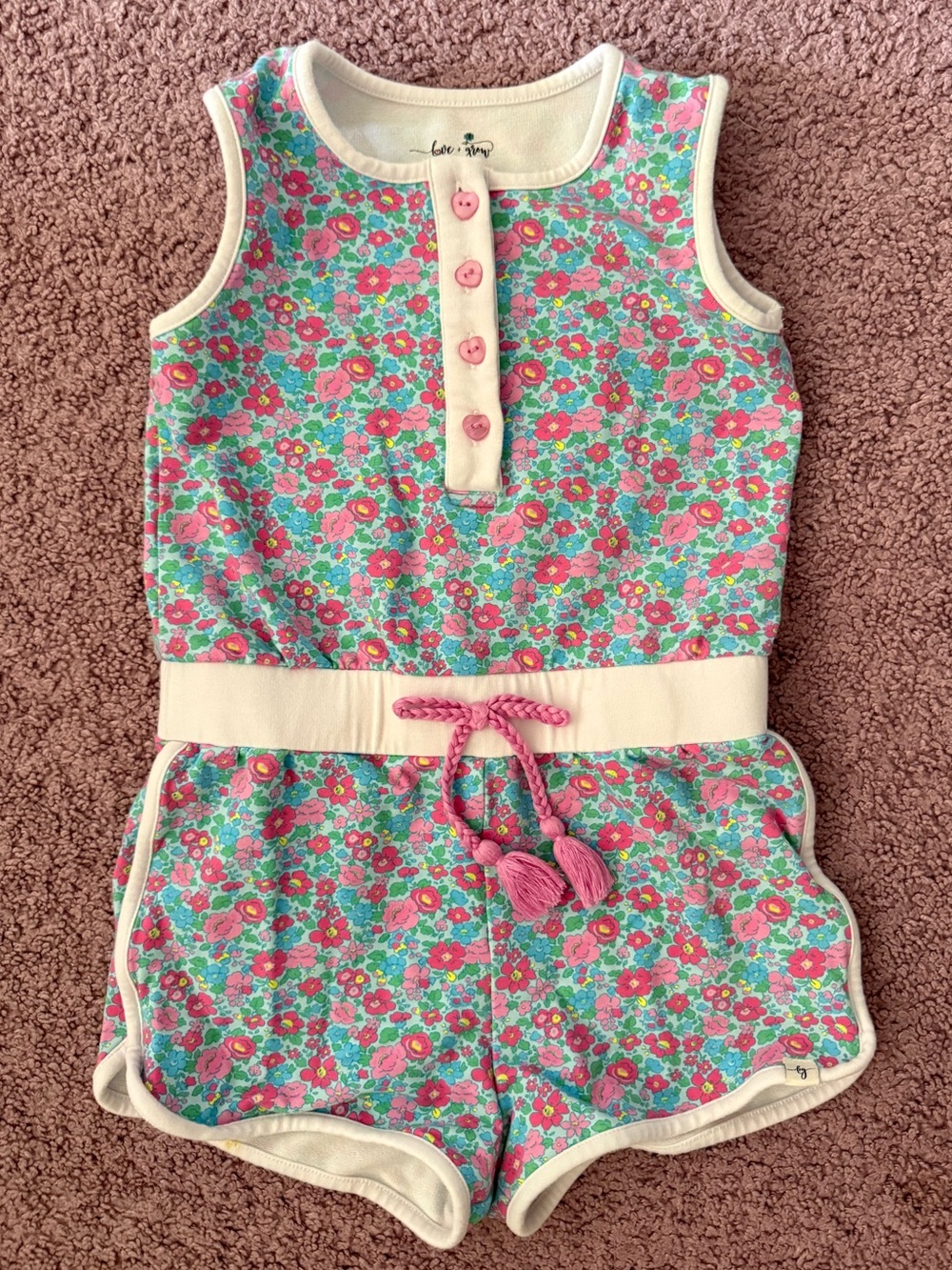 Girl's Floral Tank Romper with Pink Trim